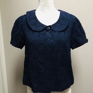 Ann Taylor Loft Cropped Jacket Eyelet Cotton Blue